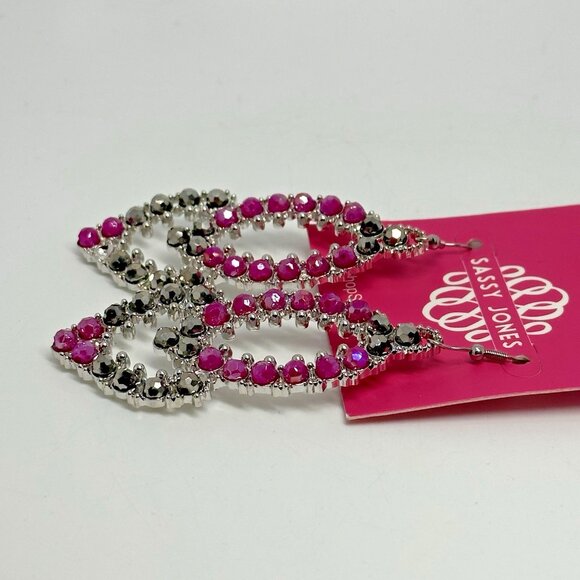 Sassy Jones Malia Glass Dangle Pink Rhinestone Silver Tone Hook Drop Earrings - Picture 5 of 6